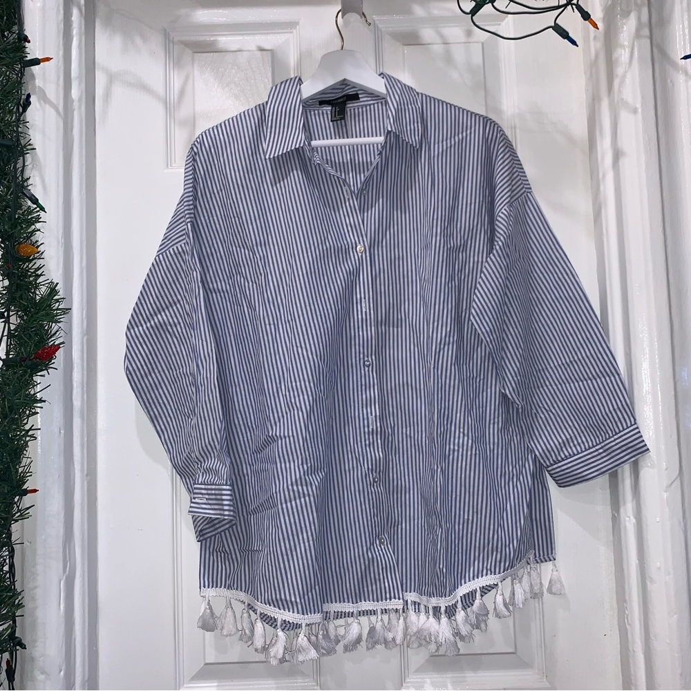 Forever 21 Blue and white striped Button Up with tassels
Size S